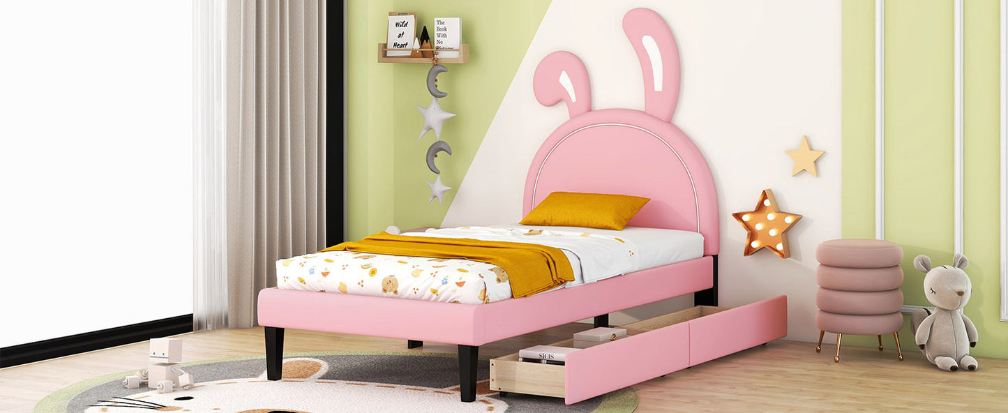 Twin Size Upholstered Leather Platform Bed with Rabbit Ornament and 2 Drawers, Pink