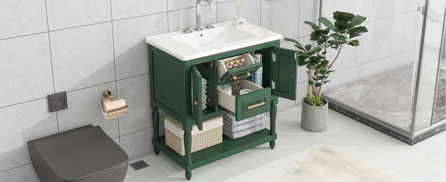 30" Bathroom Vanity with Sink Top, Bathroom Vanity Cabinet with Two Doors and Two Drawers, Solid Wood Frame, One Package, Green