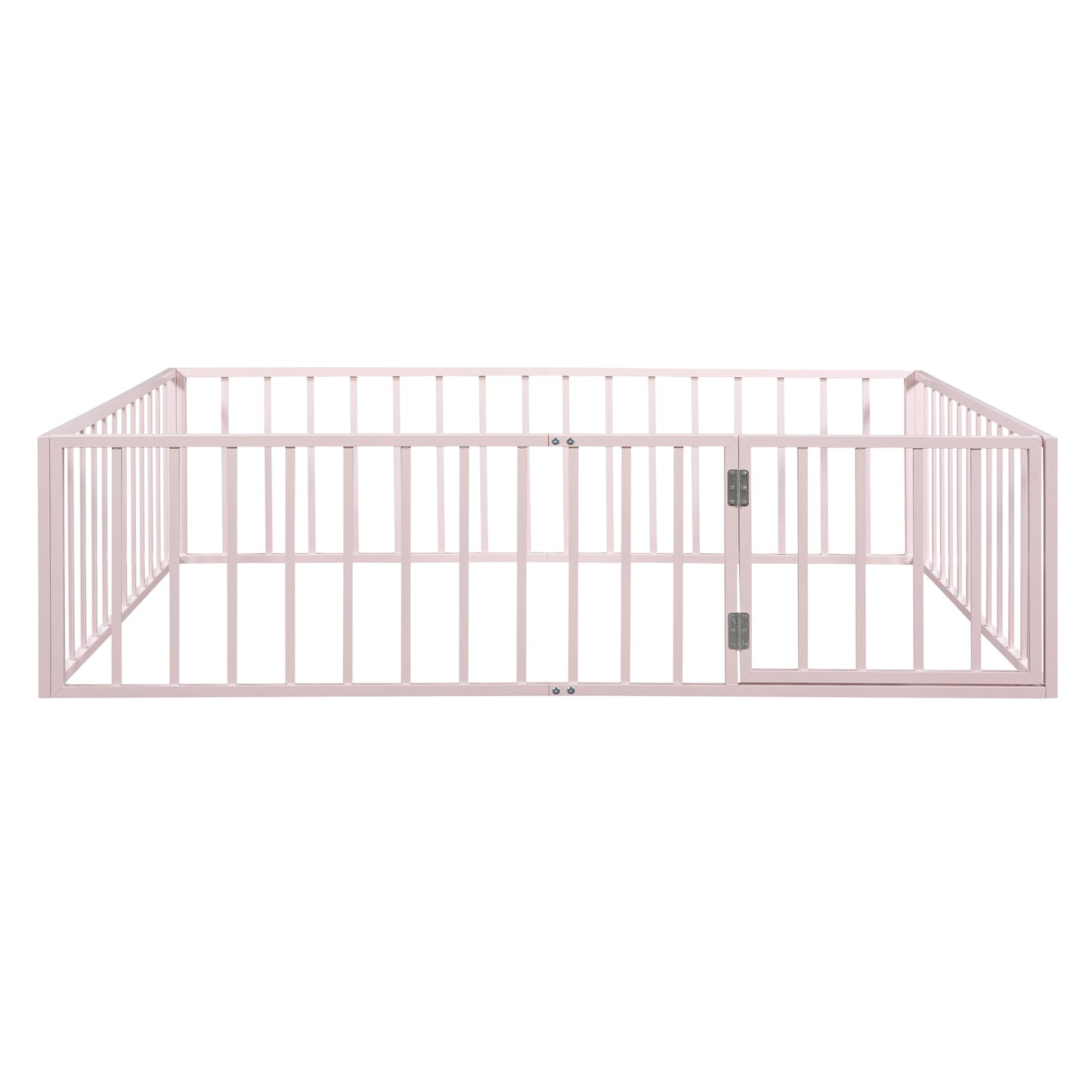 Queen Size Metal Floor Bed Frame with Fence and Door, Pink