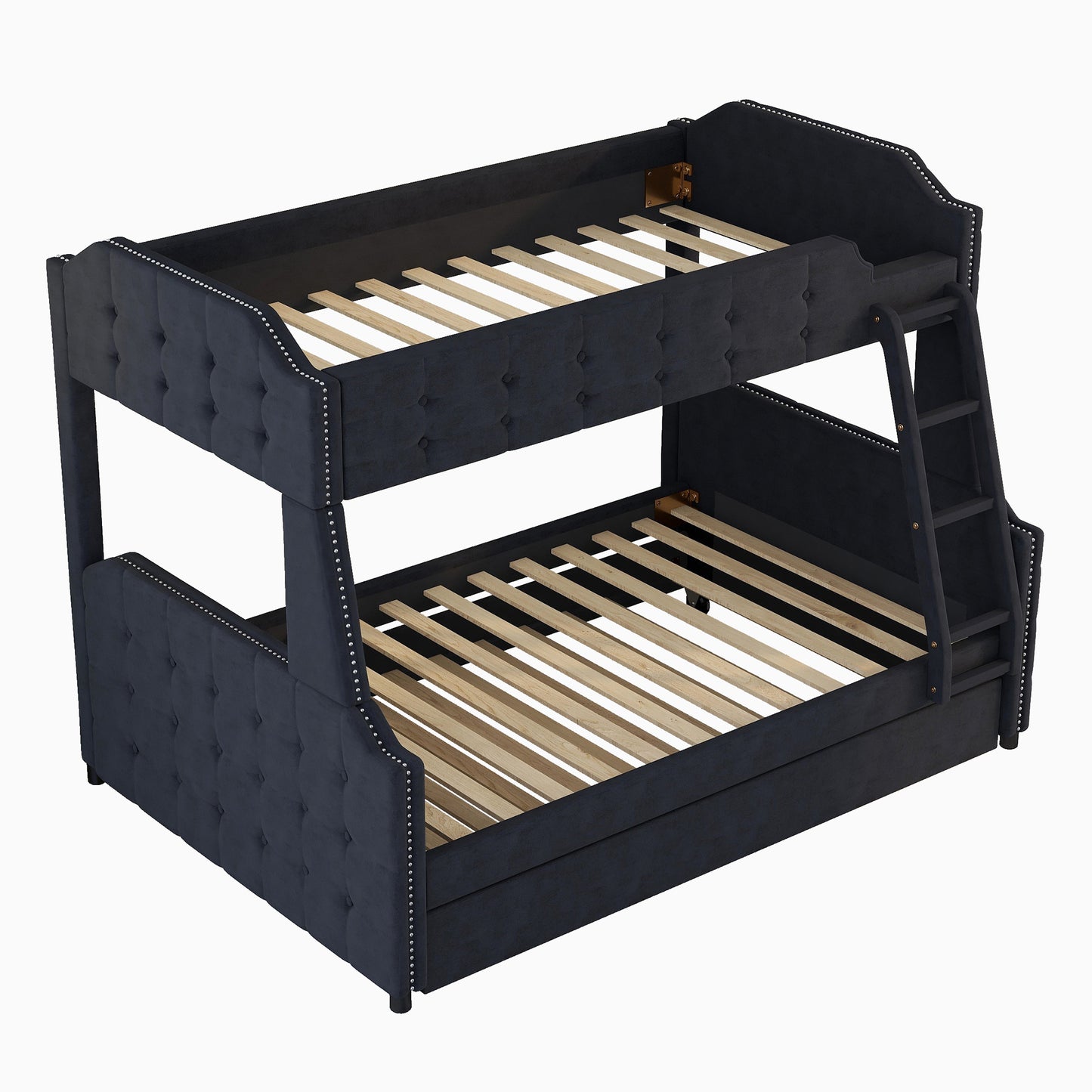 Black Velvet Upholstered Twin over Full Bunk Bed with Trundle and Button Tufted Design