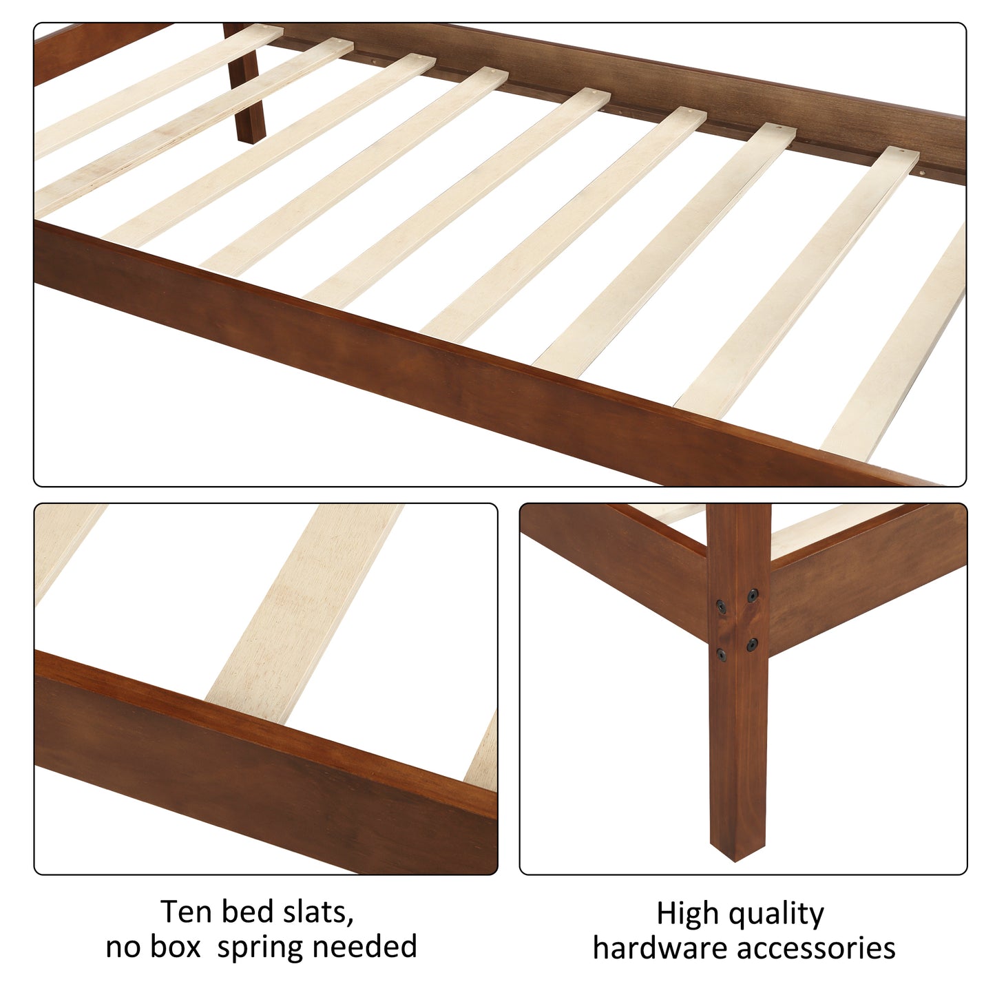 Twin Size  Wood Platform Bed with Headboard and Wooden Slat Support (Walnut)