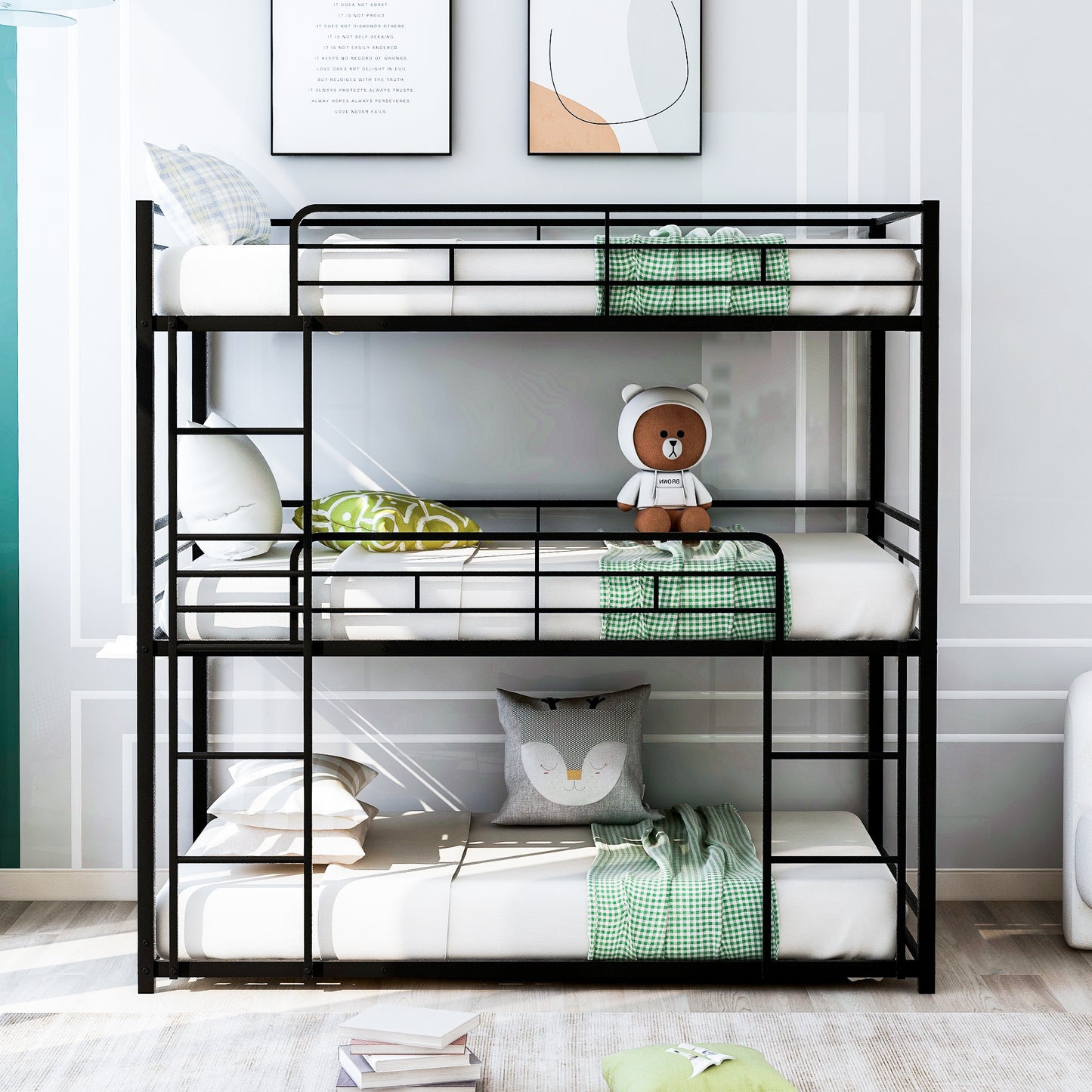 Sleek Black Metal Triple Bunk Bed with Twin Size