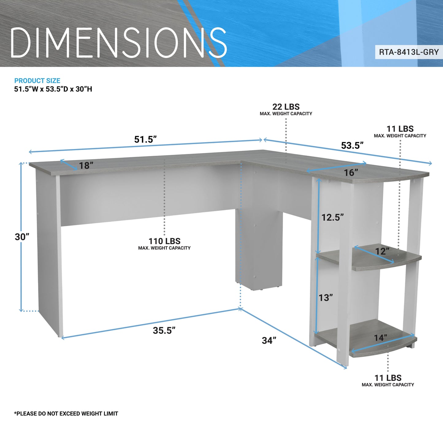 Grey L-Shaped Desk with Convenient Side Shelves