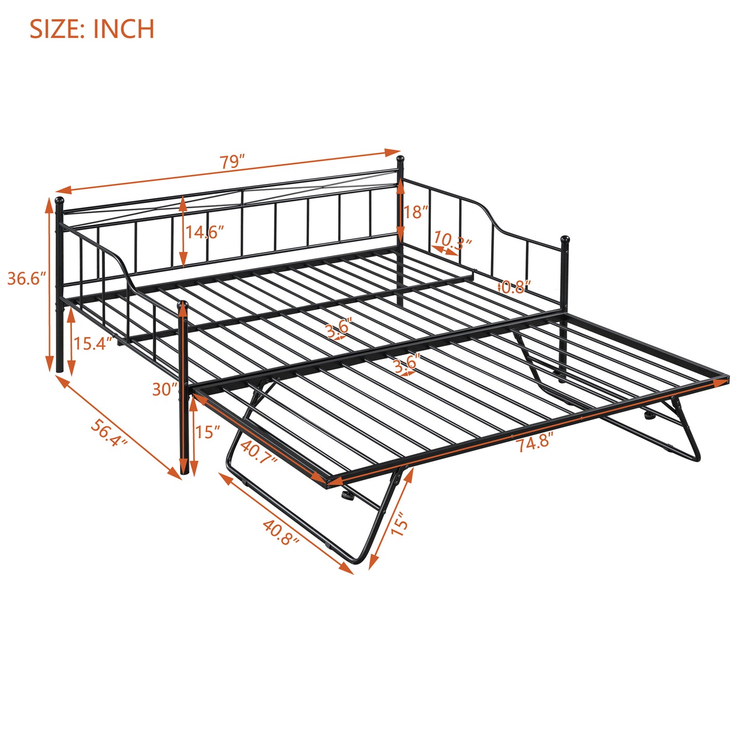 Full Size Metal Daybed with Twin Size Adjustable Trundle, Portable Folding Trundle, Black