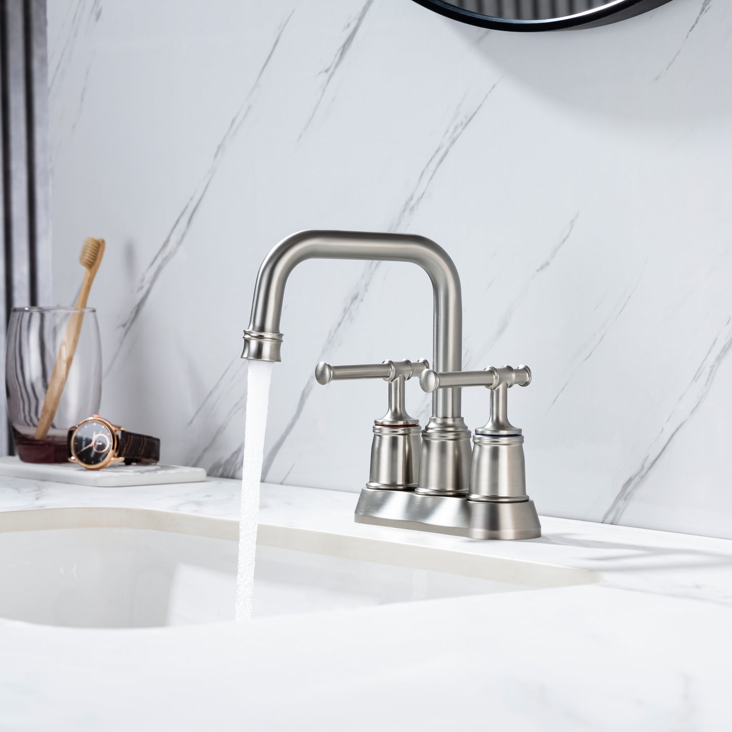 Elegant Brushed Nickel Bathroom Faucet with Dual Handles and Lift Rod Drain - Ideal for Lavatory Sink