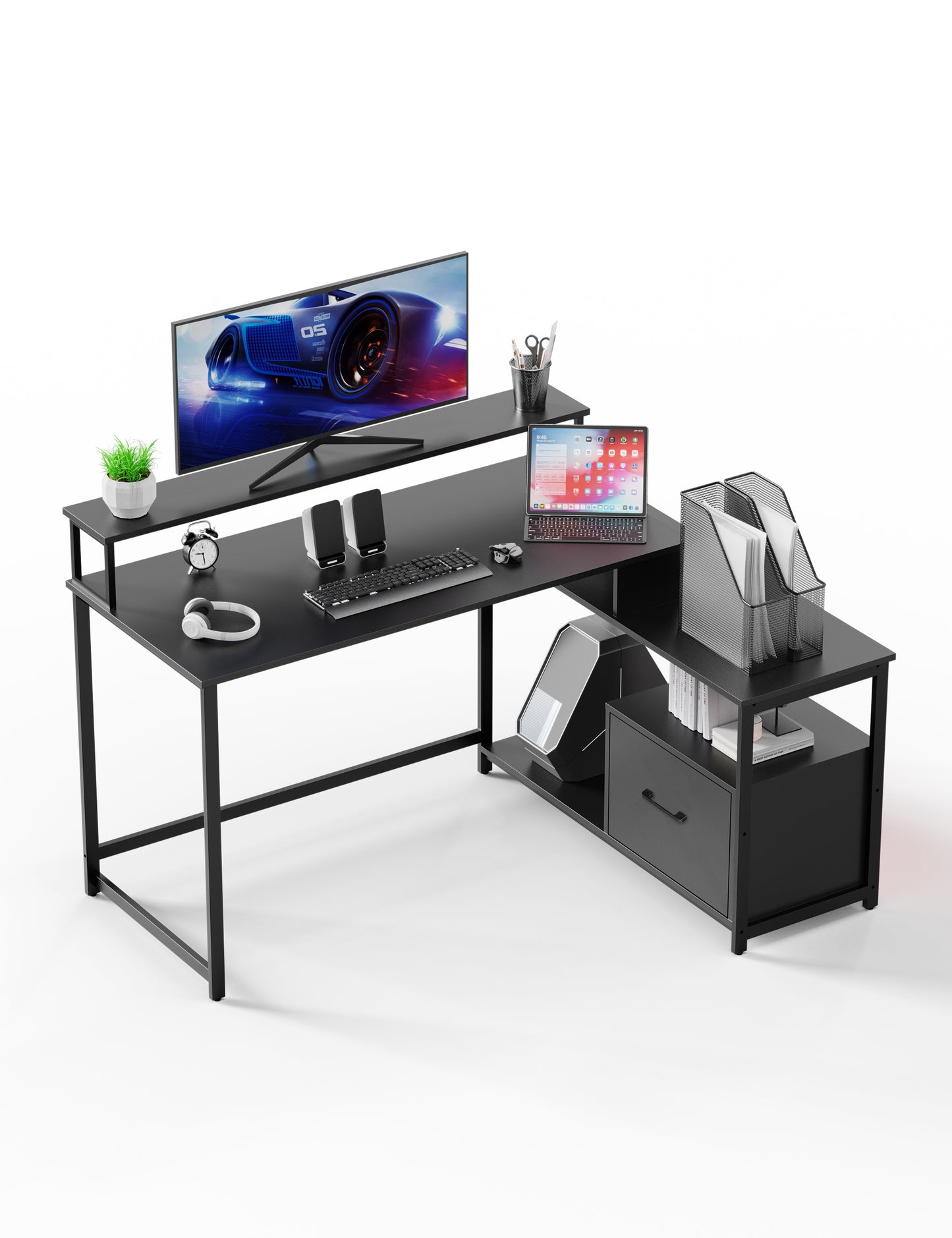 LED Gaming Desk with Charging Station, Storage Shelves, and L-Shaped Design