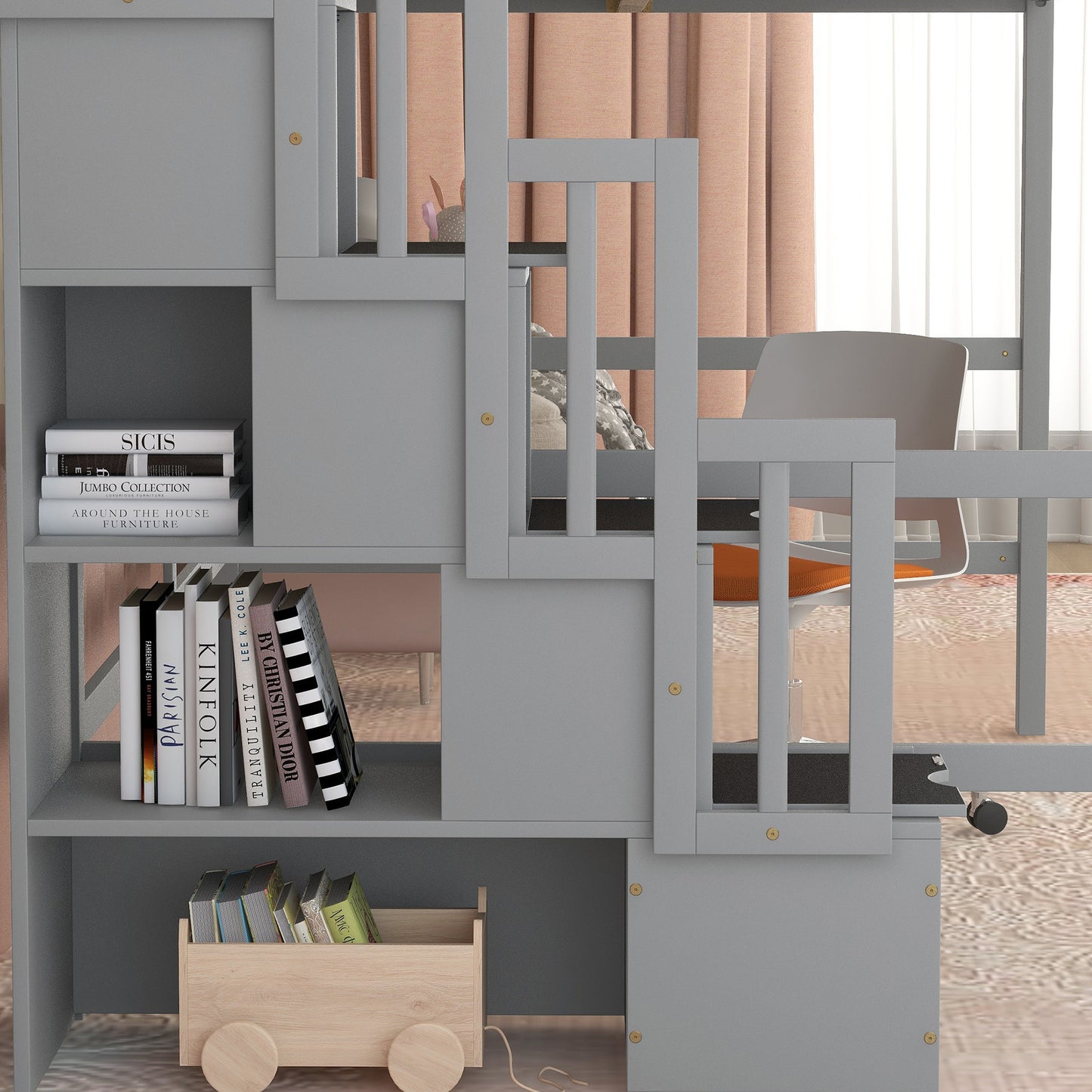 Full Size Loft Bed with Desk, Storage shelves and Staircase,Grey