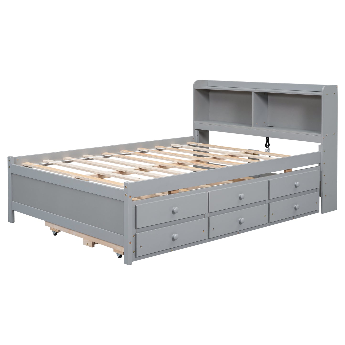 Full Size Bed with USB & Type-C Ports, LED light, Bookcase Headboard, Trundle and 3 Storage Drawers , Full Size Size Bed with  Bookcase Headboard, Trundle and Storage drawers ,Grey