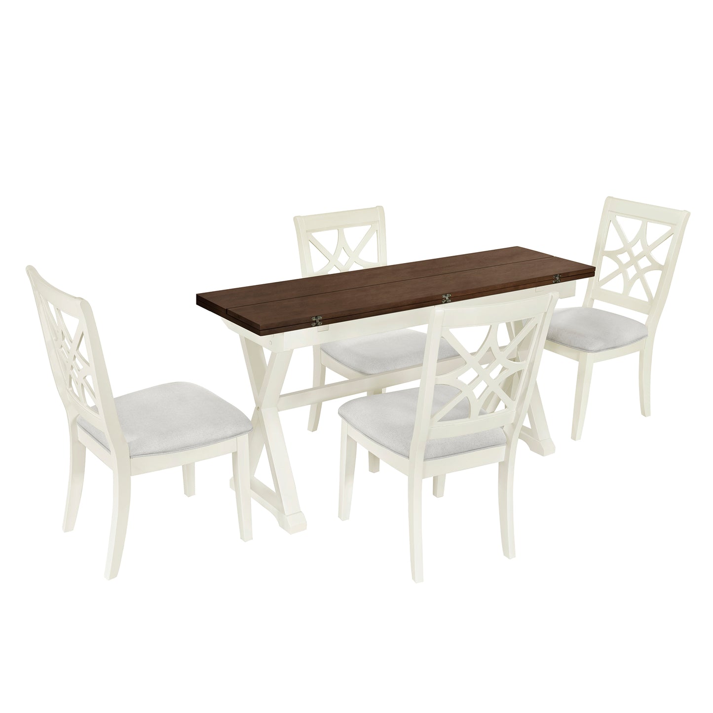 5-Piece 62*35.2inch Extendable Rubber Wood Dining Table Set with X-shape Legs,Console Table with Two 8.8Inch-Wide Flip Lids and Upholstered Dining Chairs ,Beige