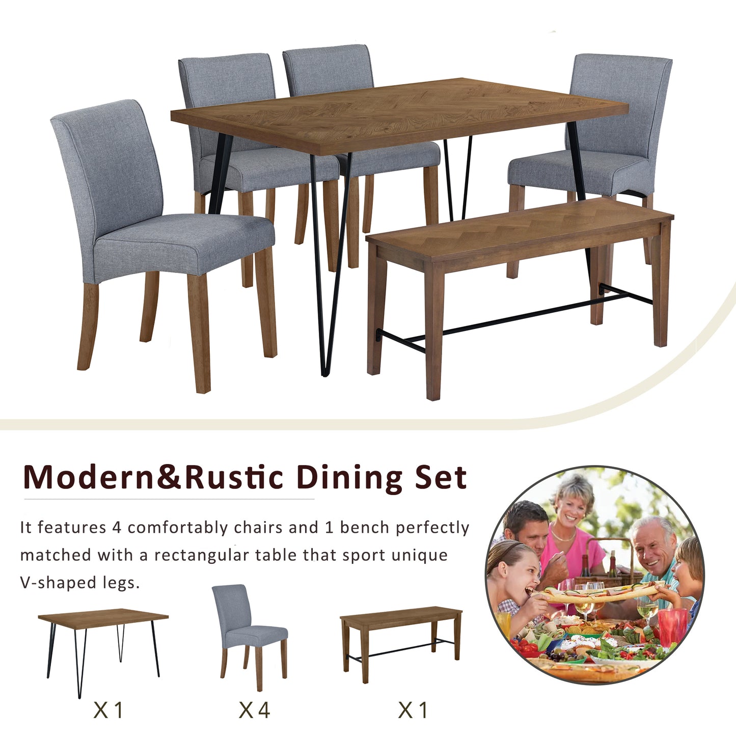 Modern 6-Piece Dining Table Set with V-Shape Metal Legs, Wood Kitchen Table Set with 4 Upholstered Chairs and Bench for 6,Brown