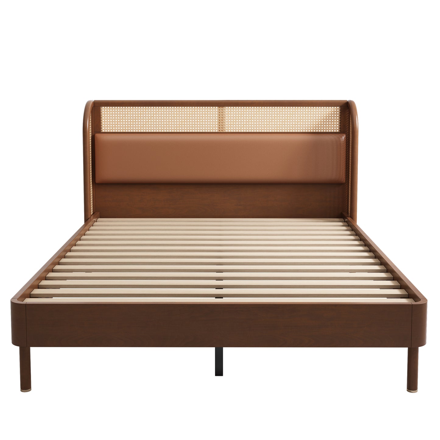 Modern Cannage Rattan Wood Platform Queen Bed, Walnut