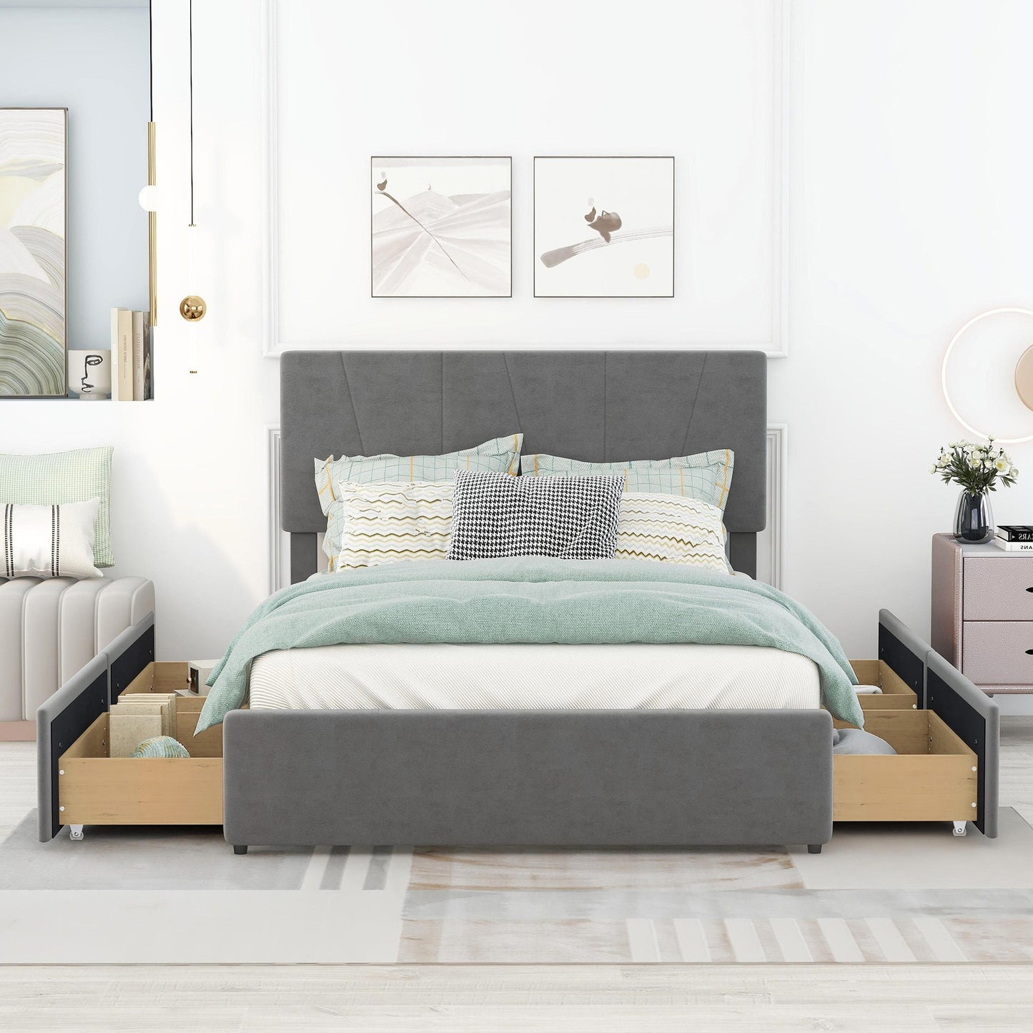 Full Size Upholstery Platform Bed with Four Drawers on Two Sides, Adjustable Headboard, Grey(: WF291773EAA)