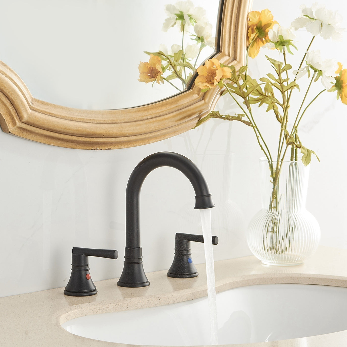 Matte Black 2-Handle J-Spout Widespread Bathroom Sink Faucet