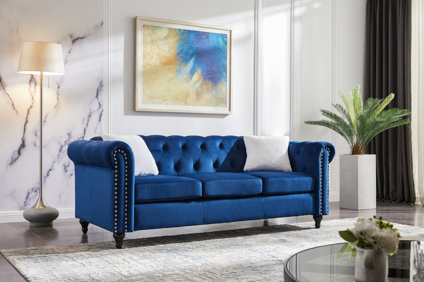 Blue Velvet 3 Piece Living Room Sofa Set with Button Tufting and Copper Nail Accents