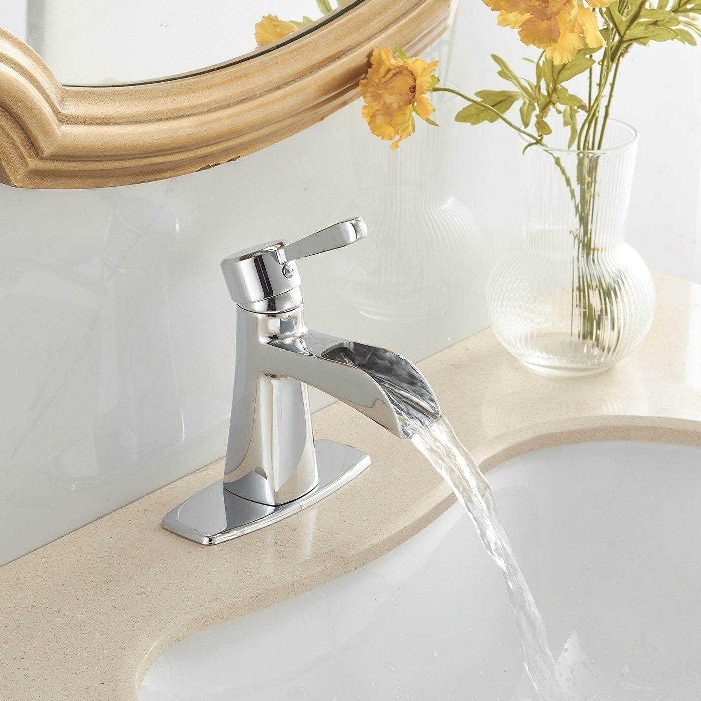 Chrome Waterfall Bathroom Sink Faucet with Single-Handle Low-Arc Design and Pop-up Drain