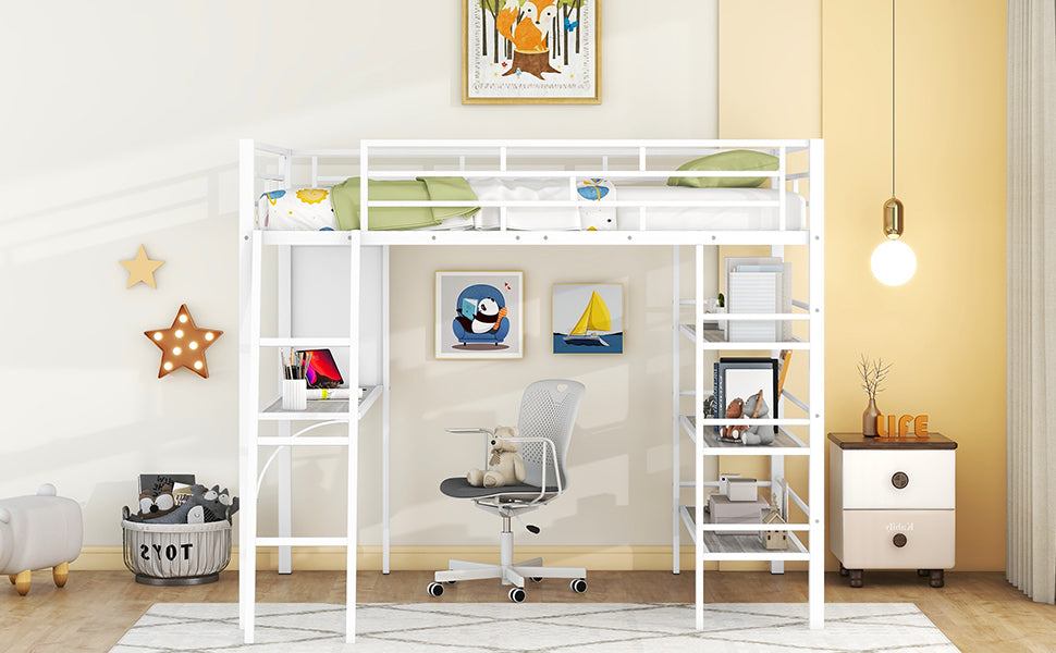 Full Size Loft Metal Bed with 3 Layers of Shelves and Desk, Stylish Metal Frame Bed with Whiteboard, White