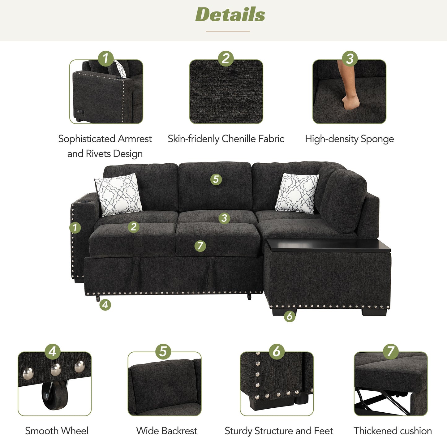 83.8 L-Shaped Reversible Sectional Sleeper Sofa with Cup Holder and USB Ports, Black