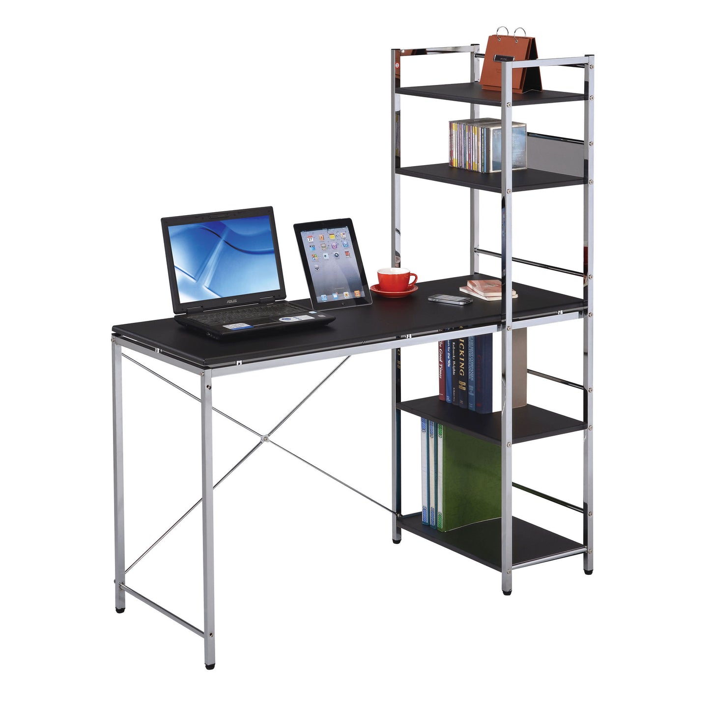 Elvis Black and Chrome Computer Desk with Integrated Bookshelf