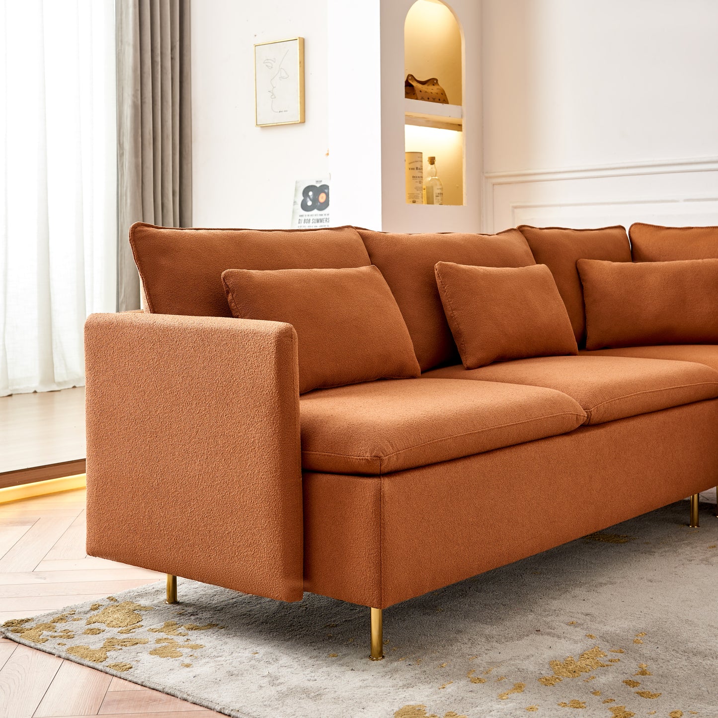 Modern Orange L-Shaped Sectional Sofa with Support Pillows