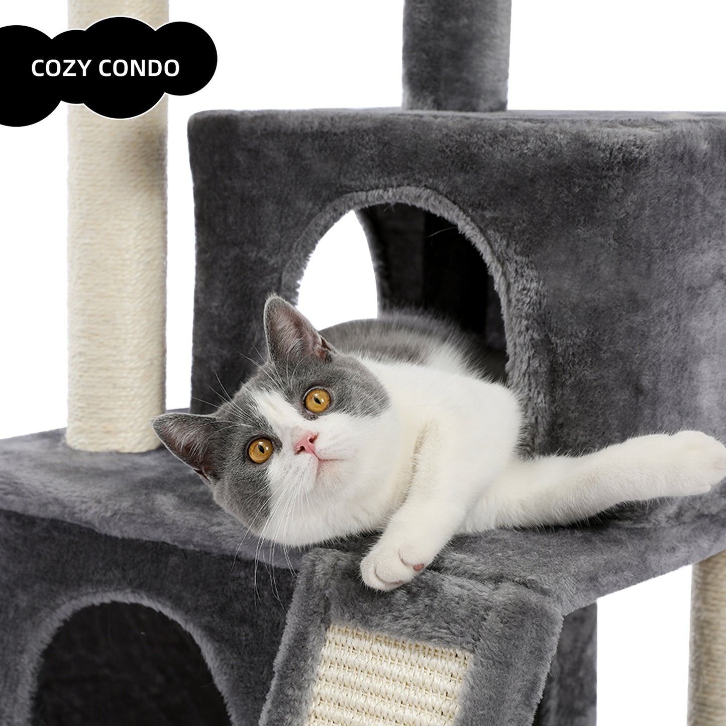 Cat Tree Luxury 34 Inches Cat Tower with Double Condos, Spacious Perch, Fully Wrapped Scratching Sisal Posts and Replaceable Dangling Balls Gray