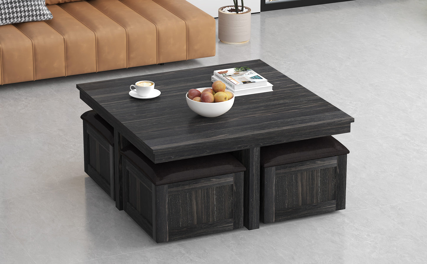 Versatile Coffee Table Set with 4 Storage Stools and Space-Saving Design