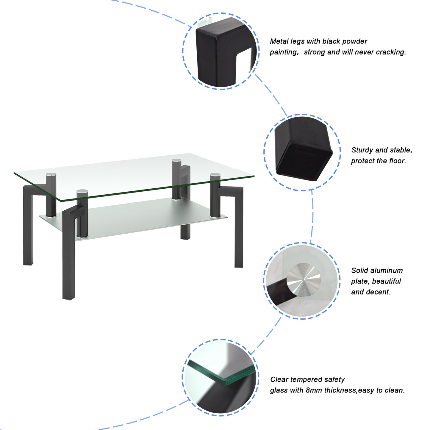 Modern Black Glass Coffee Table with Double Layer Storage