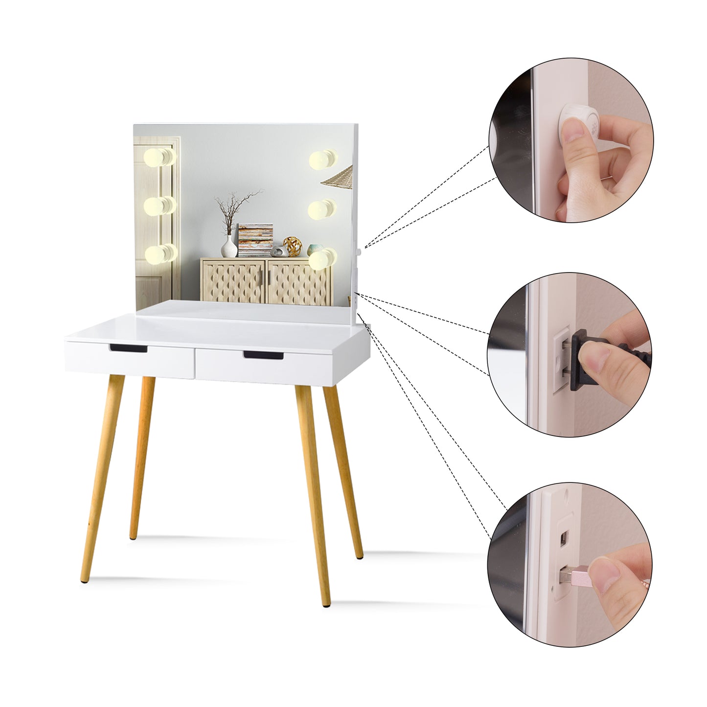 Wooden Vanity Table Makeup Dressing Desk with LED Light,White