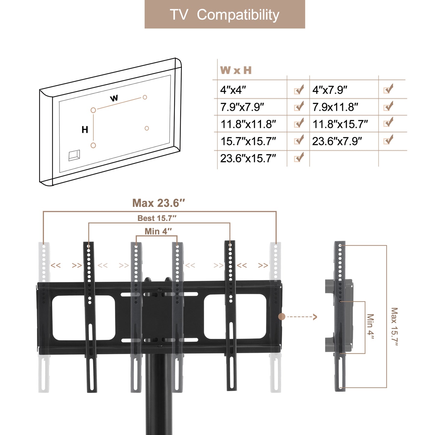 Adjustable Height and Swivel Mobile TV Stand with Tempered Glass Shelves