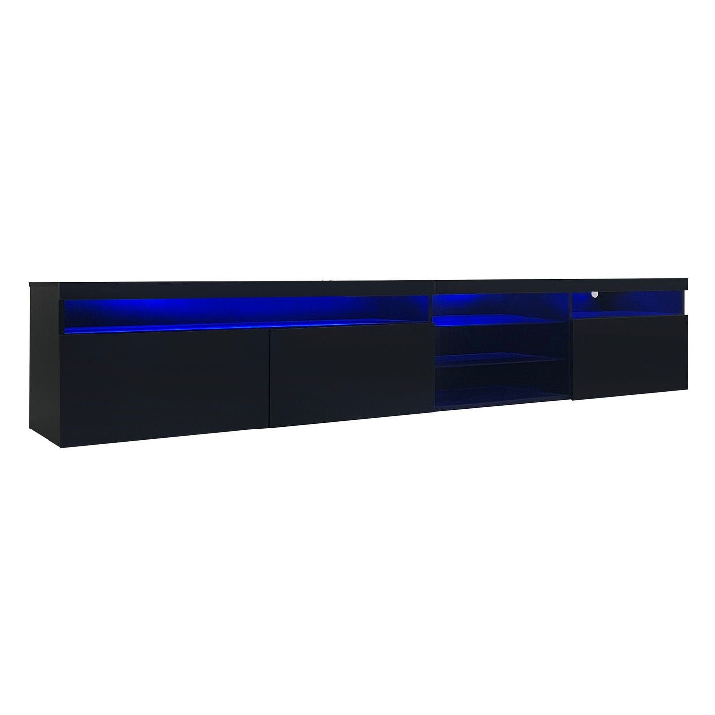 Contemporary Black LED TV Stand with Glass Shelves and Ample Storage Space