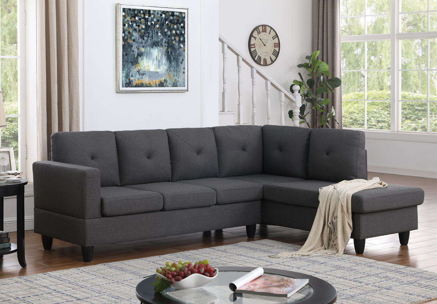 Santiago Dark Grey Linen Sectional Sofa with Right-Facing Chaise