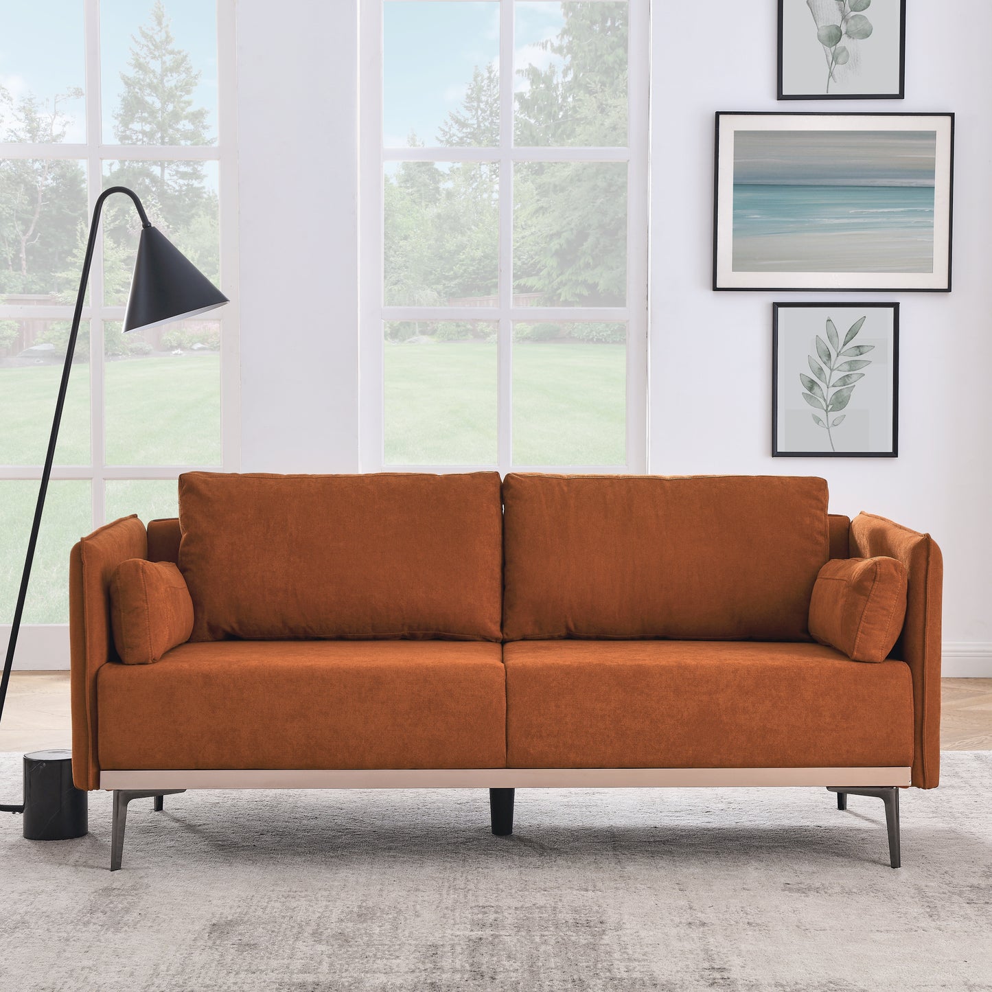 Modern Sofa 3-Seat Couch with Stainless Steel Trim and Metal Legs for Living Room, Orange