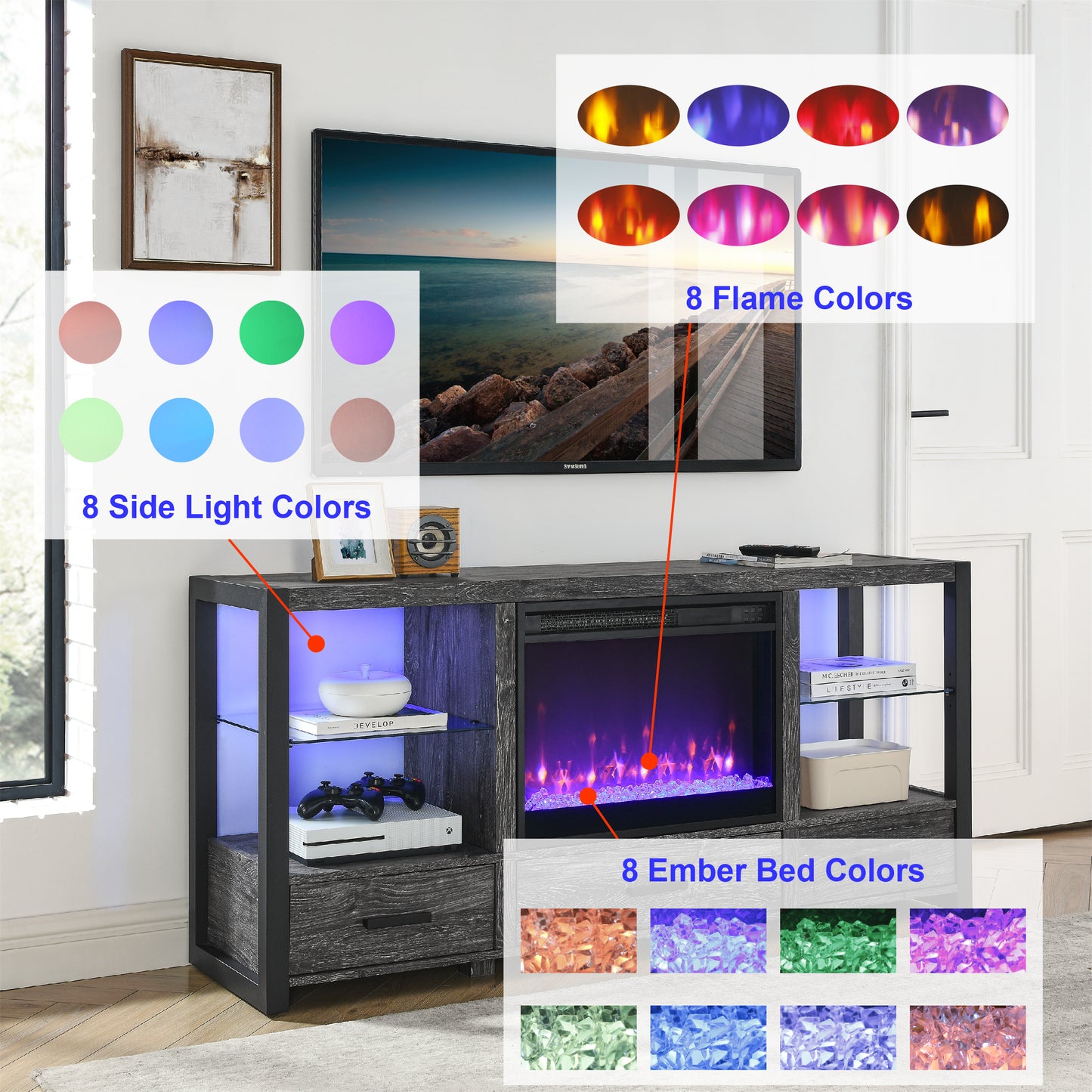 60 Inch Electric Fireplace Media TV Stand with Sync Colorful LED Lights - Dark Rustic Oak Finish