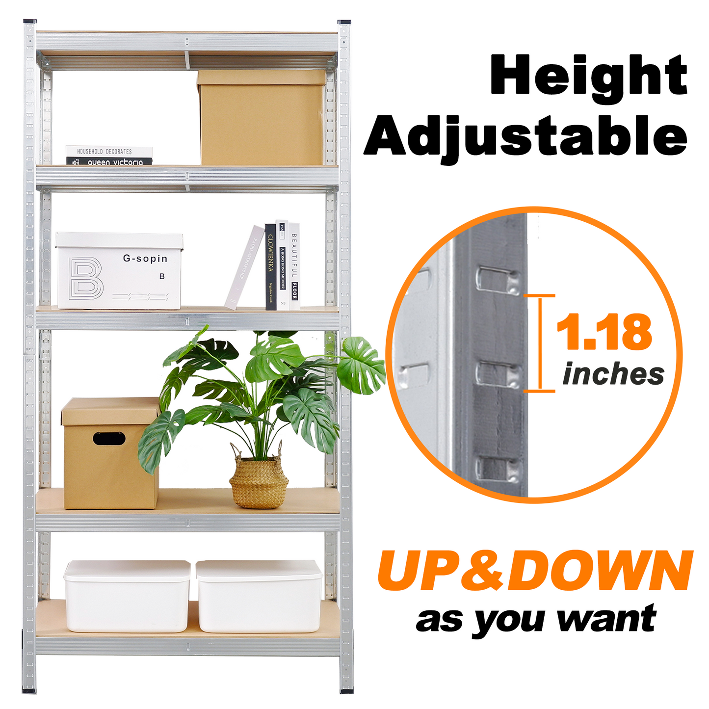 5-Tier Utility Shelves, Metal Storage Shelves Garage Shelving Unit Adjustable Garage Storage Shelves Storage Racks Heavy Duty Shed Shelving- Silver,35*18*71 Inch