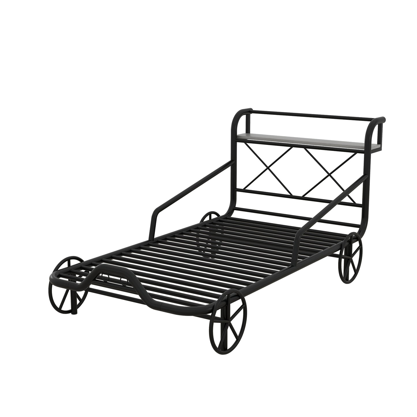 Twin Size Metal Car Bed with Four Wheels, Guardrails and  X-Shaped Frame Shelf, Black(: MF297599AAB)