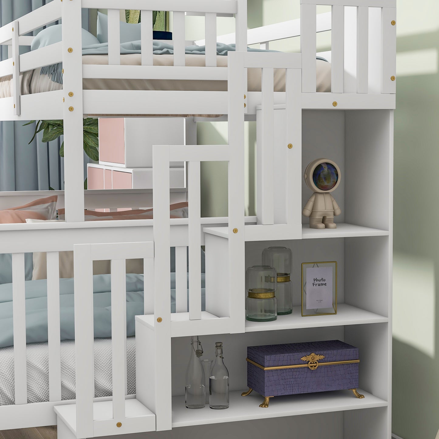 Convertible Twin Over Full Bunk Bed with Staircase and Drawers - White Wood Twin-Size Loft Bed