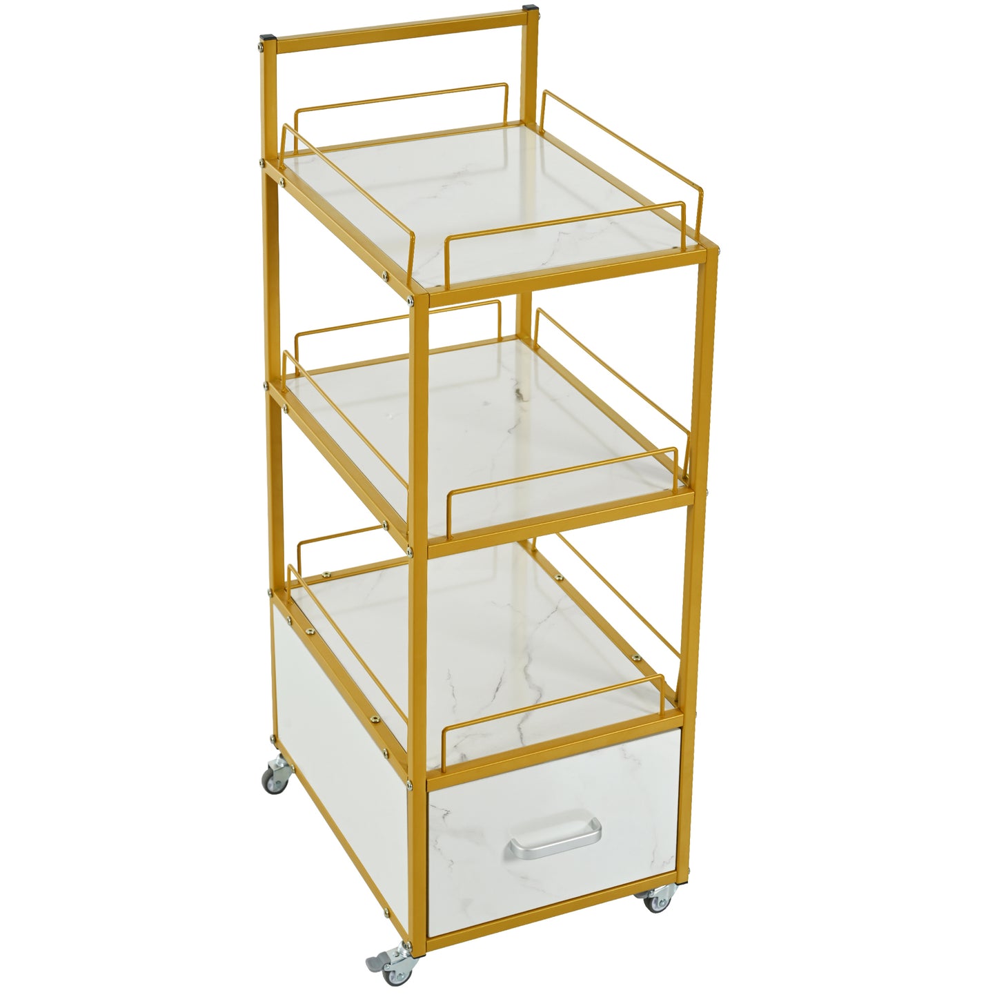 Beauty Salon Storage Trolley Cart,with Lockable Rolling Wheels,Metal Frame Marbled Board,Drawer Barber Salon Furniture,white