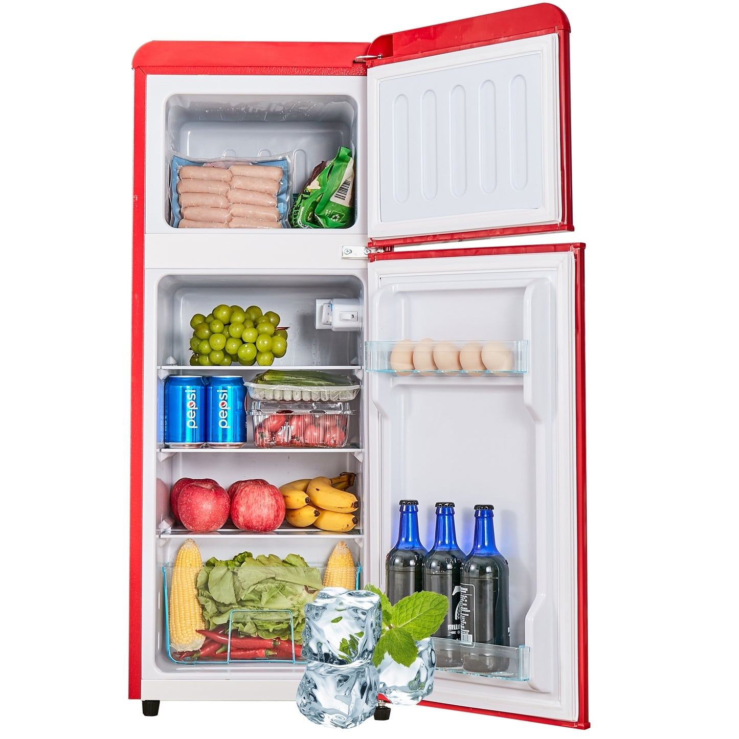 Compact Dual Zone Refrigerator with 3.3 Cu.Ft Fridge + 1.2 Cu.Ft 4-Star Freezer, 7 Temperature Settings, 45 dB, Red, Silver Handles, LED Lighting, Adjustable Shelves