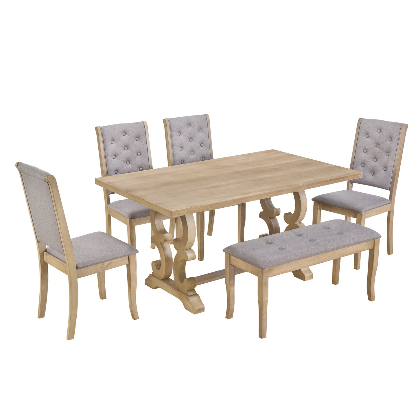 TREXM 6-Piece Retro Dining Set with Unique-designed Table Legs and Foam-covered Seat Backs&Cushions for Dining Room (Grey Wash)