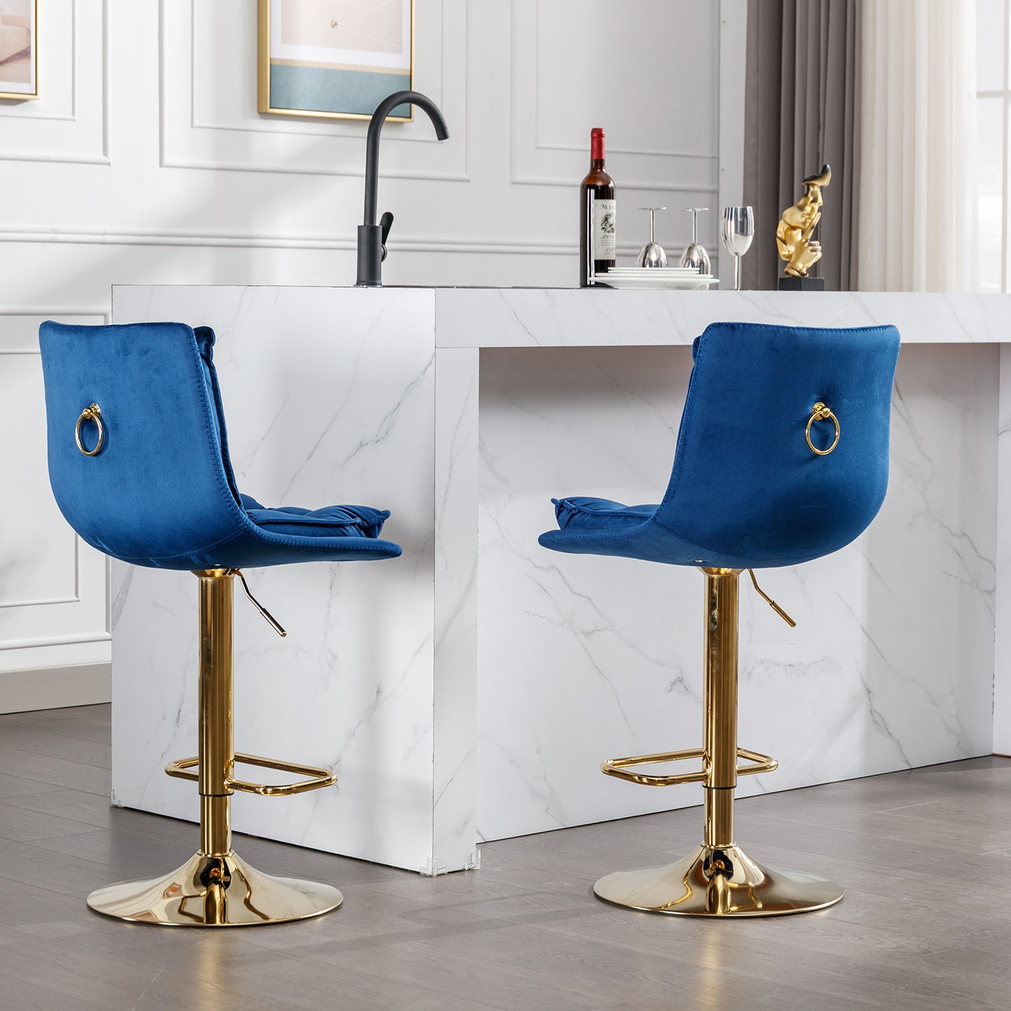 Set of 2 Bar Stools,with Chrome Footrest and Base Swivel Height Adjustable Mechanical Lifting Velvet + Golden Leg Simple Bar Stoo,blue