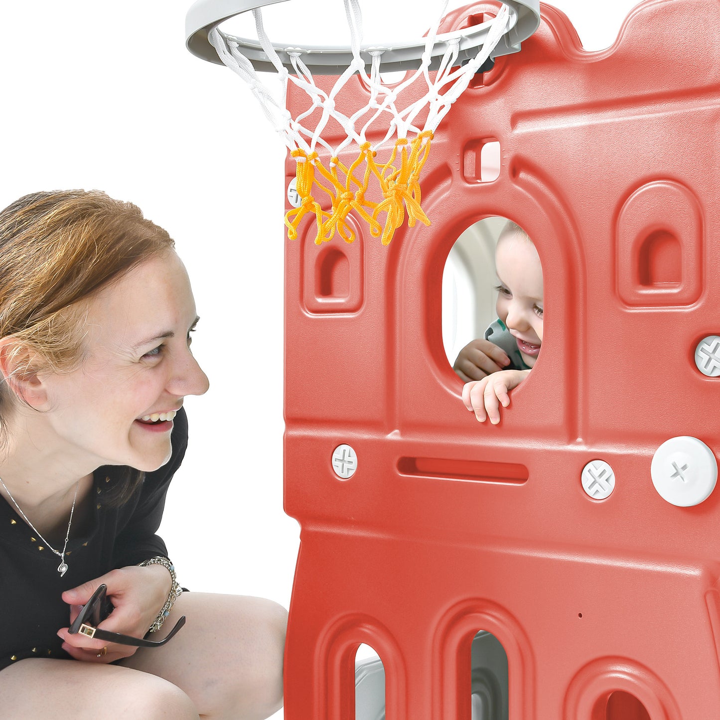 Kids Slide Playset Structure, Freestanding Castle Climber with Slide and Basketball Hoop, Toy Storage Organizer for Toddlers, Kids Climbers Playhouse for Indoor Outdoor Playground Activity