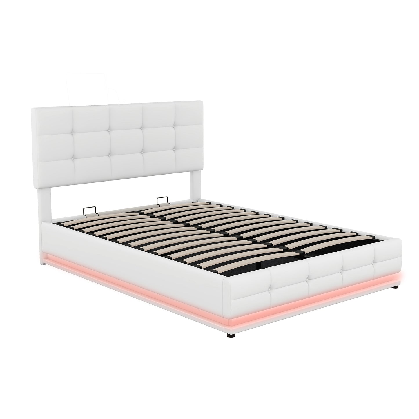 Full Size Tufted Upholstered Platform Bed with Hydraulic Storage System,PU Storage Bed with LED Lights and USB charger, White(Expected Arrival Time: 5.15,AT)