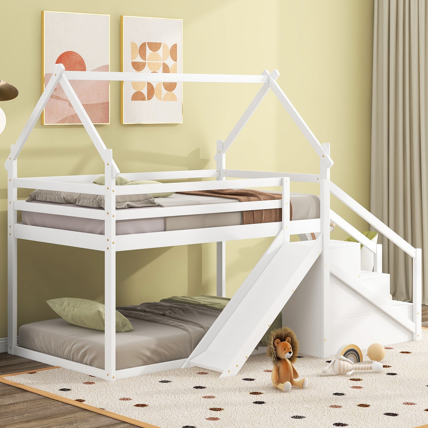 White Twin over Twin House Loft Bunk Bed with Slide, Staircase, Storage, and Play Area