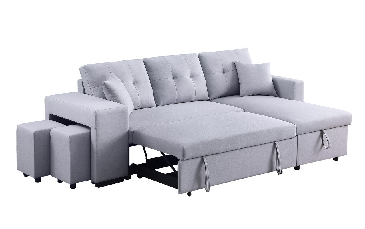 Dennis Light Gray Linen Fabric Reversible Sleeper Sectional with Storage Chaise, Stools, Throw Pillows