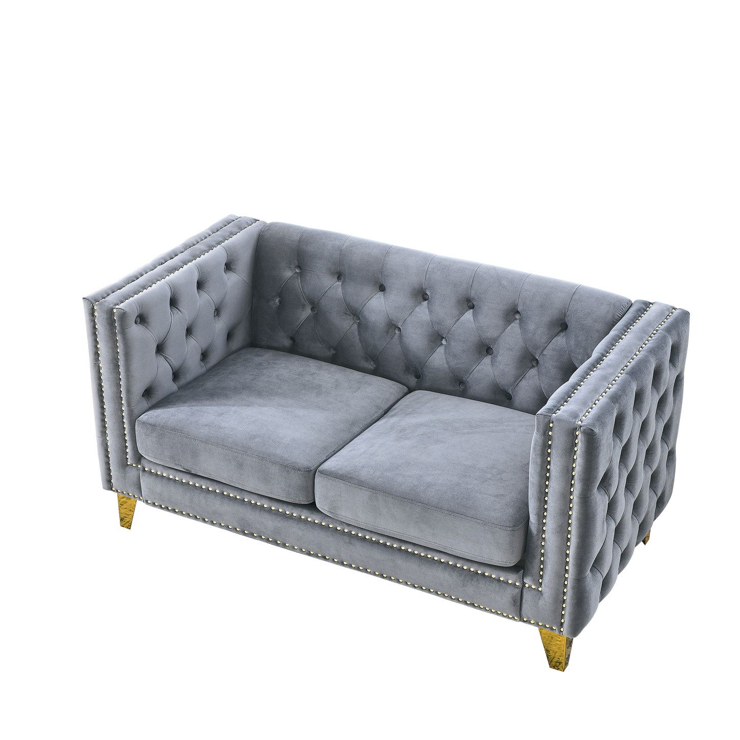 Velvet Sofa for Living Room,Buttons Tufted Square Arm Couch, Modern Couch Upholstered Button and Metal Legs, Sofa Couch for Bedroom, Grey Velvet-2S