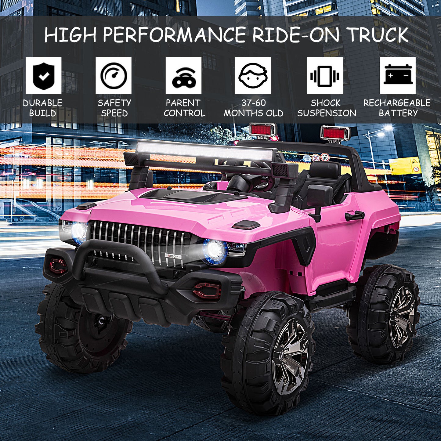 Electric 2-Seater Pink Police Car Ride-on Truck for Kids with Remote Control, Siren, and Music