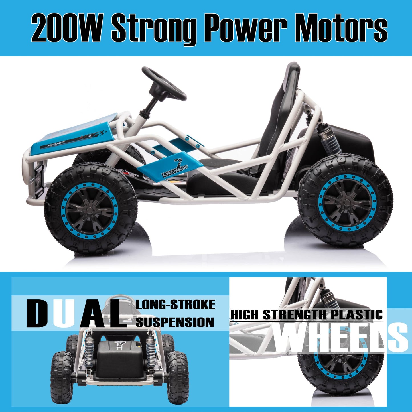 Blue, 24V Ultimate Go-Kart, Ride On Toy for Big Kids Ages 6+, 2x200W Powerful Motor, 6MPH Outdoor/Off road/Dirt Road Electric Car, Wide Seat, Metal Frame, Strong Shock Absorbers, High/Low Speed, Gift