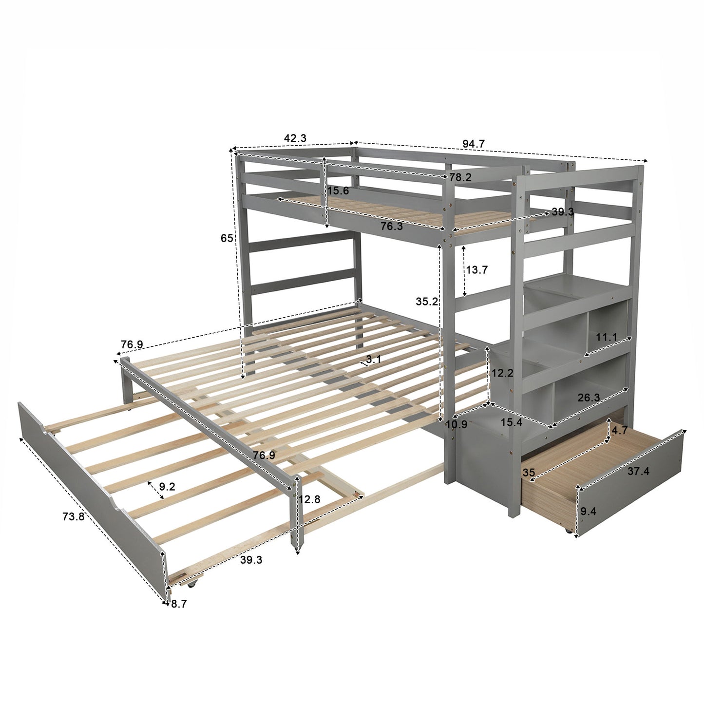 Gray Stairway Bunk Bed with Trundle and Storage