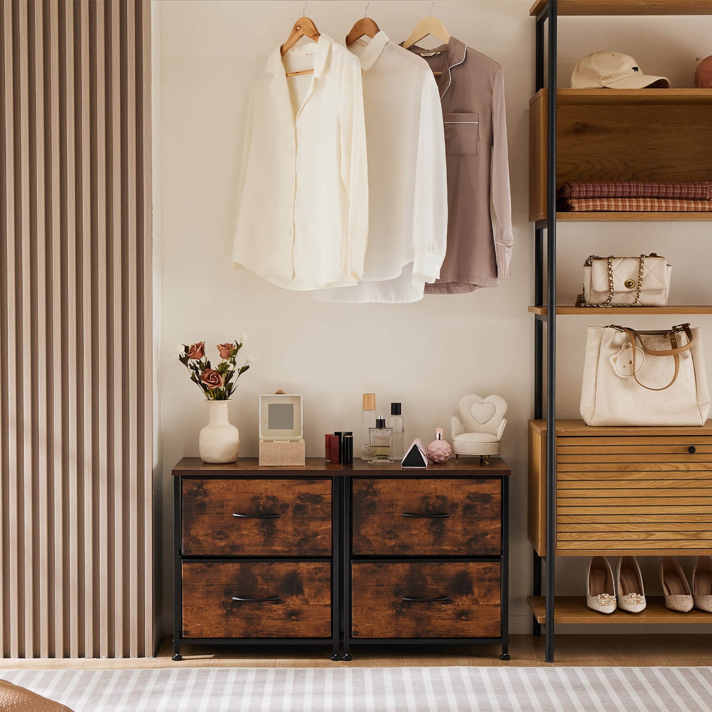 Brown Wood Top Dresser with Metal Frame and Fabric Drawers