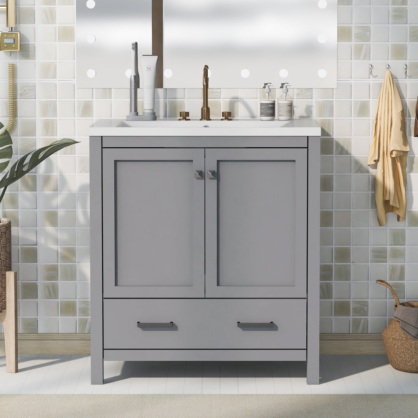 30" Grey Bathroom Vanity with Single Sink, Combo Cabinet Undermount Sink, Bathroom Storage Cabinet with 2 Doors and a Drawer, Soft Closing, Multifunctional Storage, Solid Wood Frame