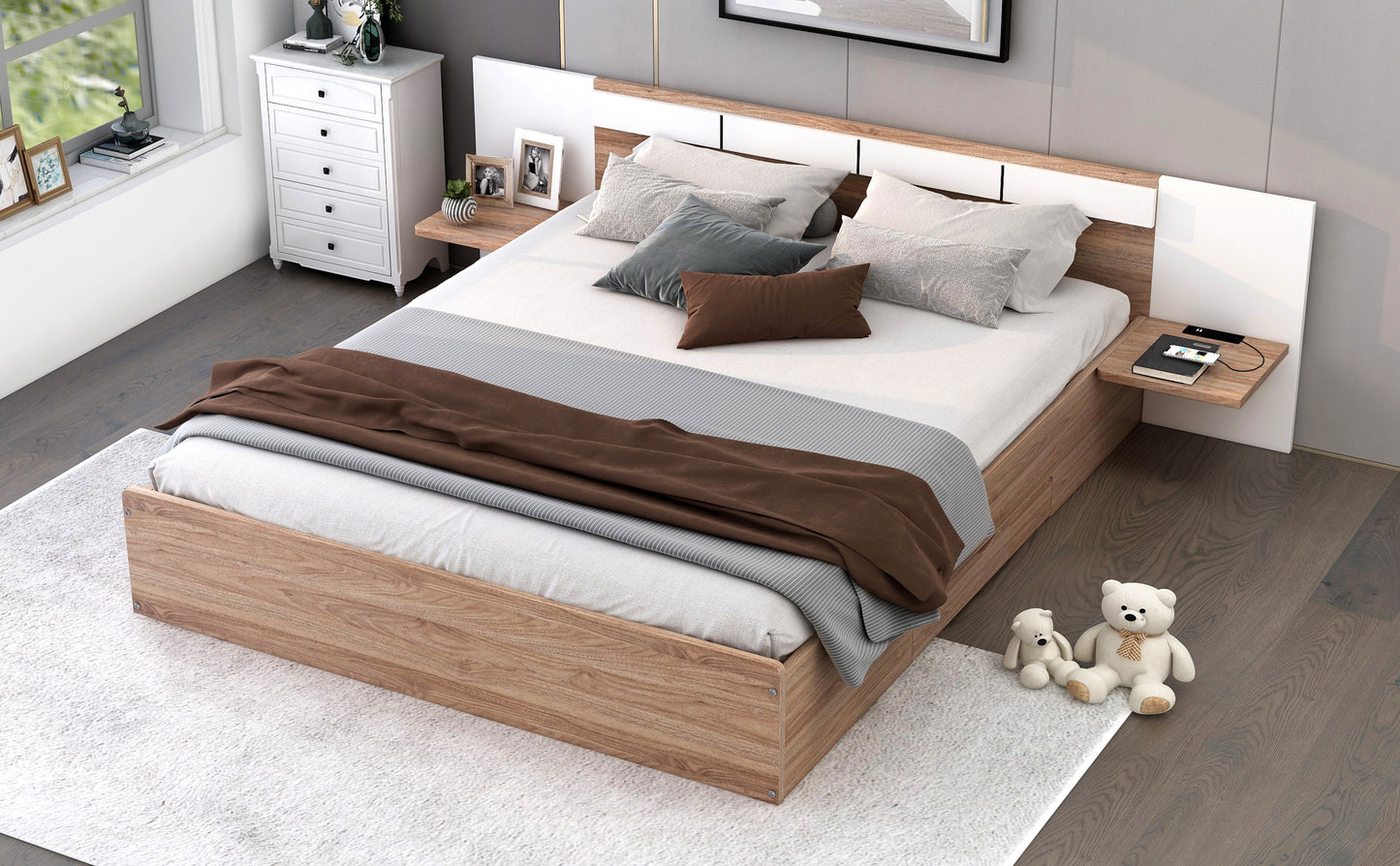 Queen Size Platform Bed with Headboard, Drawers, Shelves, USB Ports and Sockets, Natural